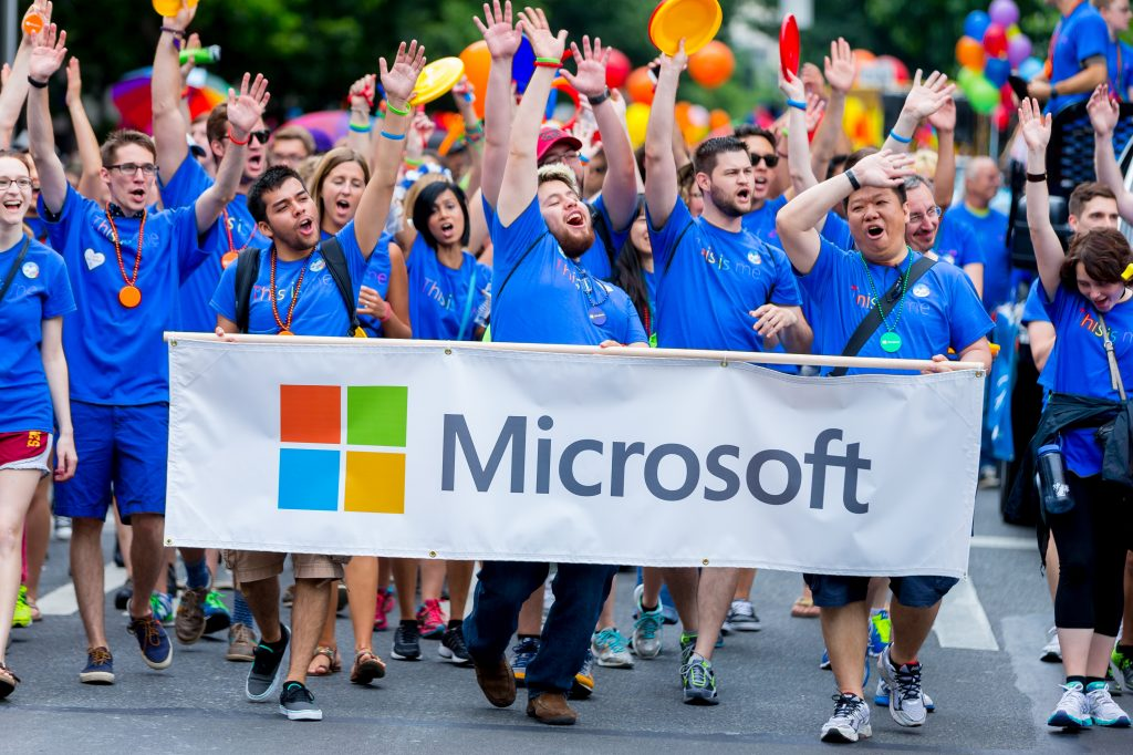 Microsoft employees, partners, family and friends march along the three-mile route of Seattles 41st annual Pride Parade in 2015. Photo courtesy of Mircrosoft