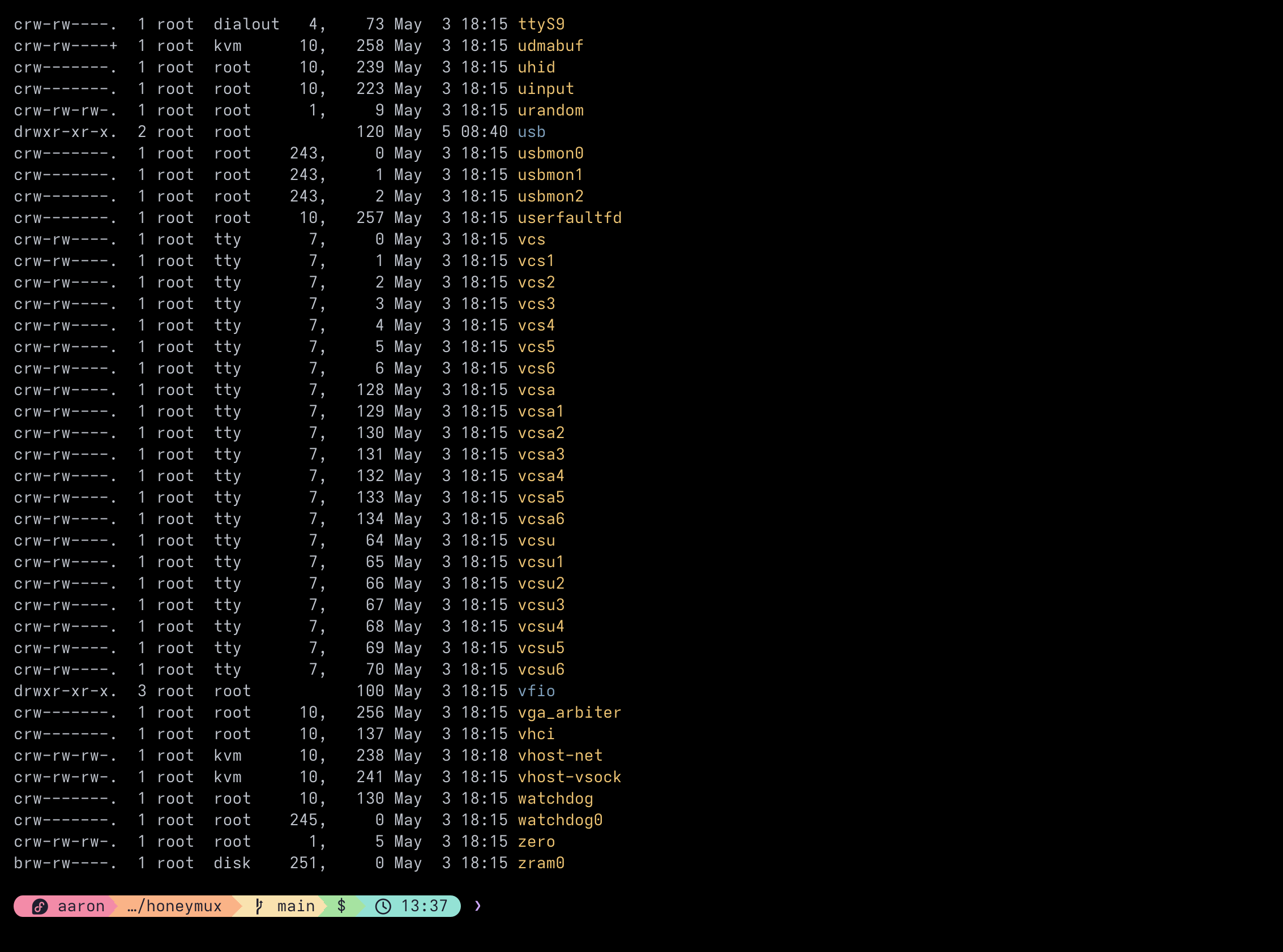 The same pane's scrollback painted full-screen via buffer zoom, revealing more of the ls -l /dev output