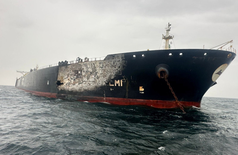 Damage to the Kuwait-flagged Al-Salmi crude oil tanker, following a reported Iranian strike, March 31, 2026; illustrative.