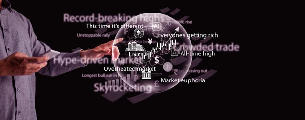 Global financial bubble showing banks, AI, bitcoin, and stock market icons inside a fragile sphere, symbolizing a coming banking crisis, and the risk of a bursting worldwide financial bubble.