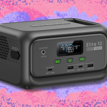 Bluetti Elite 10 mini portable power station on pink and purple abstract background