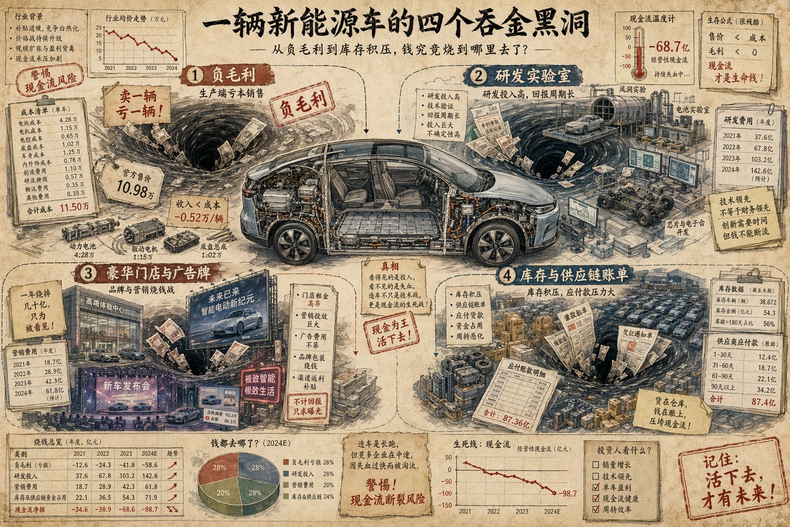一张剖面式场景图把一辆新能源汽车拆解成四个吞金黑洞:负毛利、研发实验室、豪华门店与广告牌、堆积如山的库存和供应链账单,信息密集但层次清楚,羊皮纸,钢笔彩色手绘的统一风格。