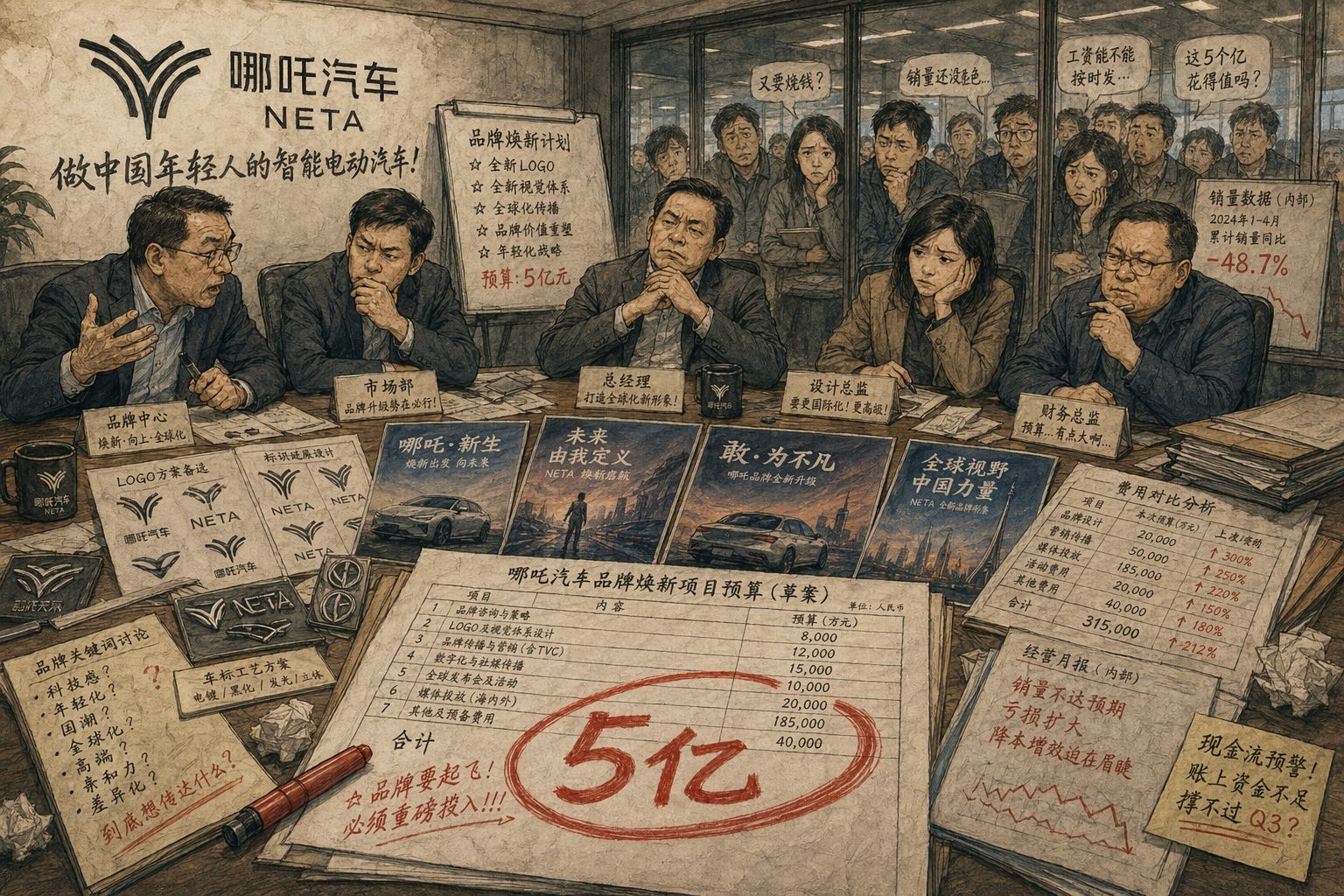 一间品牌会议室里,桌上摆着多版车标方案、宣传海报、预算表和被夸张圈出的“5亿”字样,墙上的员工神情复杂,映出营销与现实脱节的荒诞感,羊皮纸,钢笔彩色手绘的统一风格。