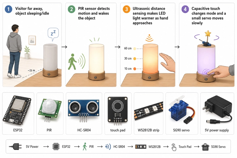 Four-step storyboard for an Arduino interactive object: sleep, wake, distance response, touch mode change