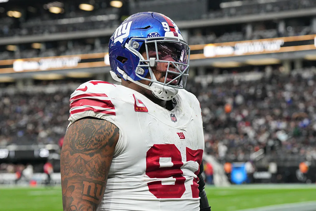 LAS VEGAS, NEVADA - DECEMBER 28: Dexter Lawrence II #97 of the New York Giants walks off the field during halftime of the game against the Las Vegas Raiders at Allegiant Stadium on December 28, 2025 in Las Vegas, Nevada. (Photo by Candice Ward/Getty Images)
