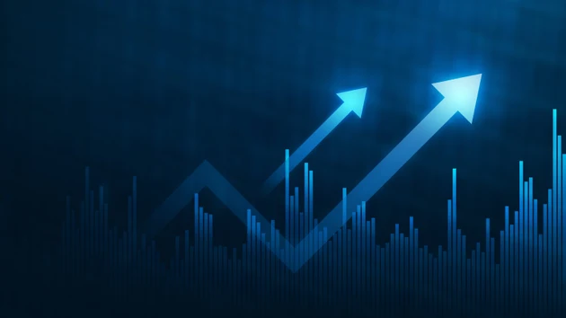 Blue growth graph business chart data diagram on success financial presentation background with abstract up arrow bar symbol or finance marketing price statistic and economy market profit investment.