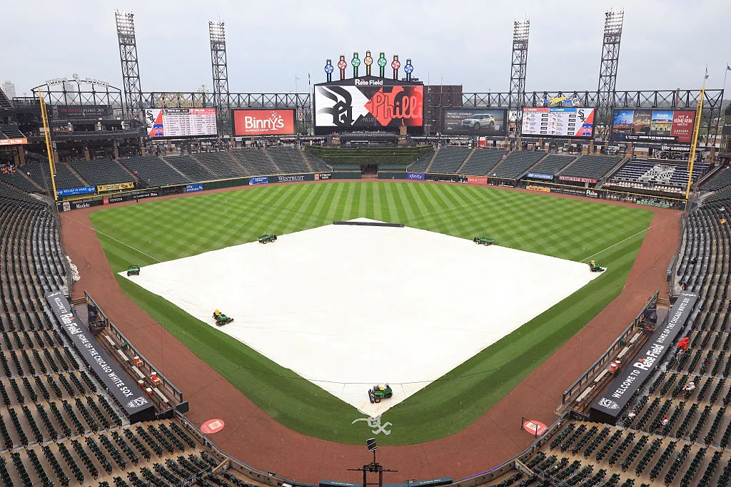CHICAGO, ILLINOIS - JULY 30: A general view of the inside of the stadium during a weather delay prior to the game between the Philadelphia Phillies and the Chicago White Sox at Rate Field on July 30, 2025 in Chicago, Illinois. (Photo by Justin Casterline/Getty Images)