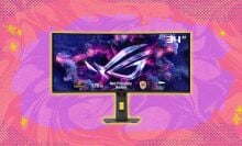 the ROG Strix OLED curved gaming monitor on a pink and purple background