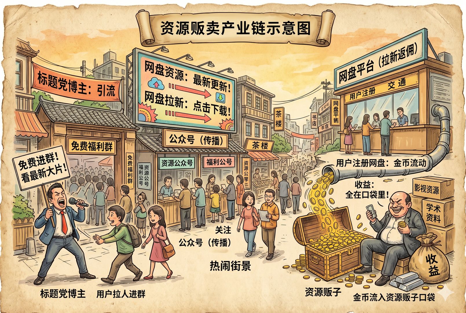 一张商业链条示意图被画成热闹街景,左边是标题党博主拉人进群,中间是公众号和广告牌,右边是网盘拉新返佣金币流入资源贩子口袋,羊皮纸,钢笔彩色手绘的统一风格。