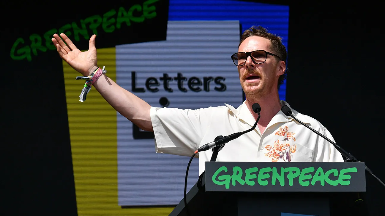 Benedict Cumberbatch performs during Letters Live at the Greenpeace stage during day three of Glastonbury festival 2025 at Worthy Farm, Pilton on June 27, 2025 in Glastonbury, England.
