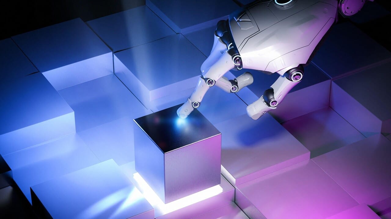 3D rendering cyborg hand push power button.