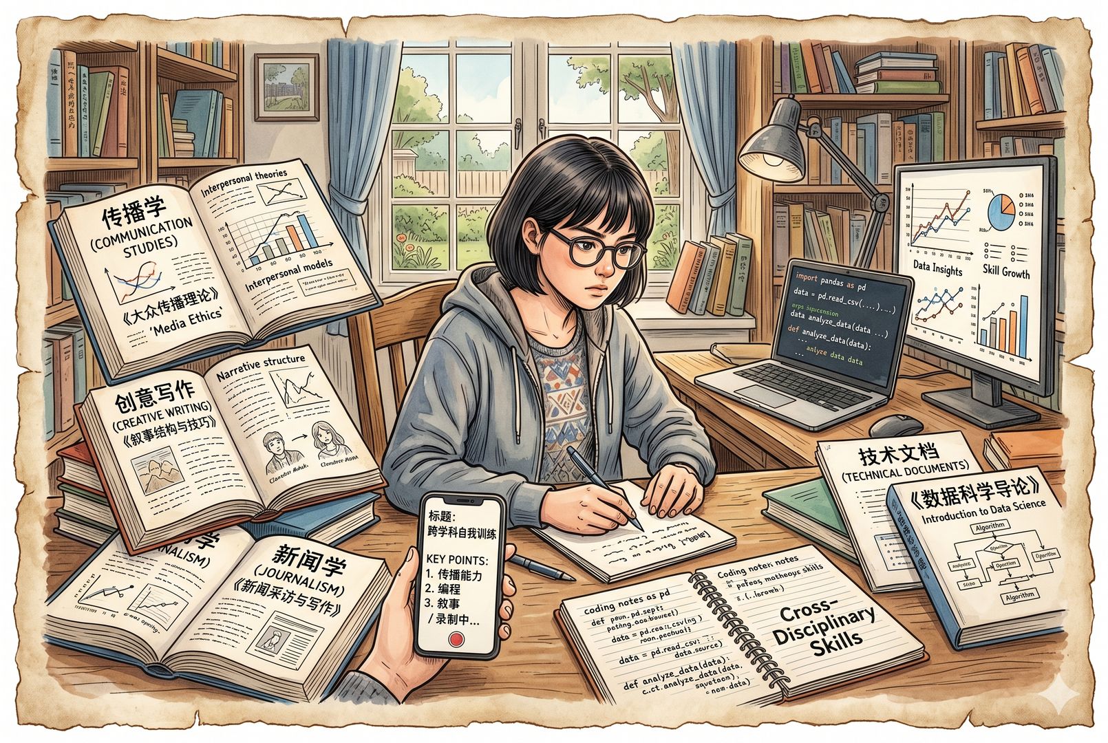 一位年轻学习者坐在书桌前,左边摊开传播学、写作和新闻教材,右边是技术文档、数据图表与编程界面,中间手机上录着短视频脚本,象征跨学科能力的自我训练,羊皮纸,钢笔彩色手绘的统一风格。