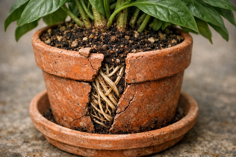 A healthy, mature plant with roots pressing against the inside of a small pot, visibly outgrowing its container.