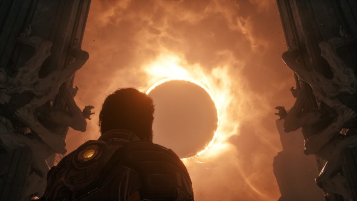 A character in 'Lords of the Fallen' standing before a fiery, solar eclipse surrounded by gothic architecture.