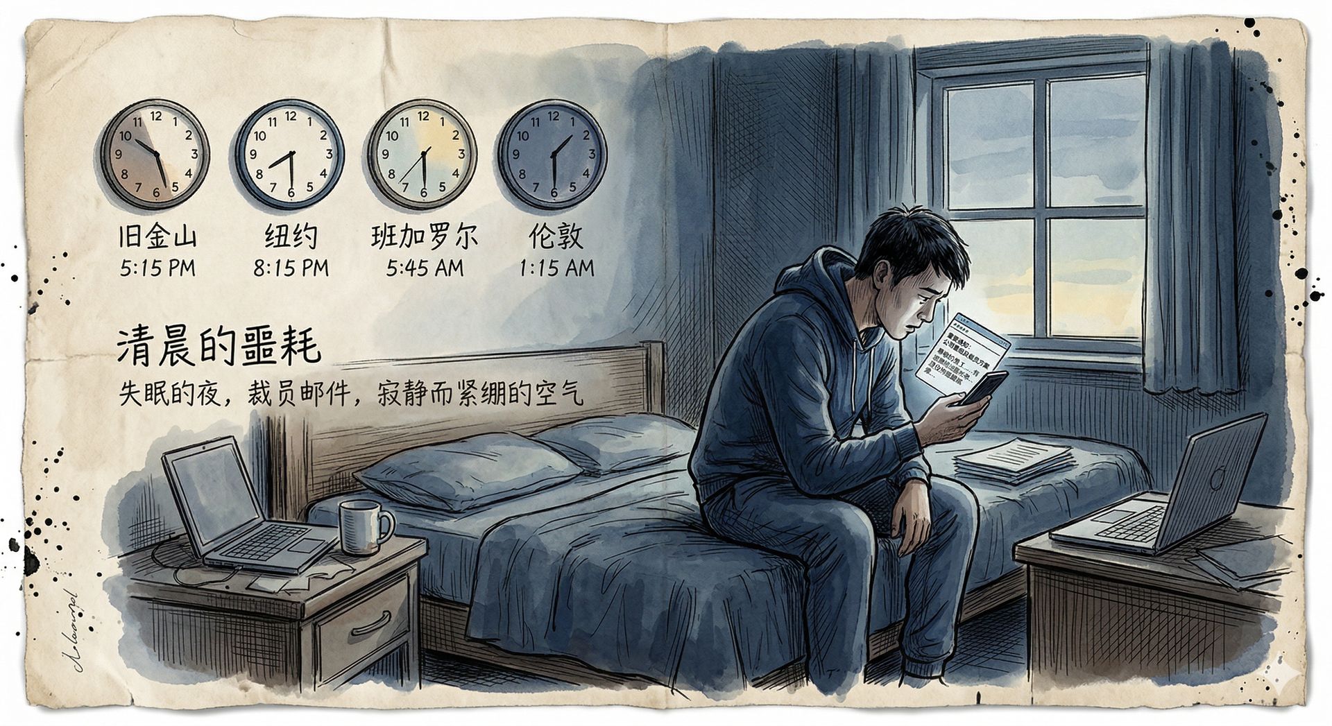 清晨昏暗卧室里,一名科技公司员工坐在床边低头看手机上的裁员邮件,窗外微亮,不同时区的钟表挂在墙上分别指向旧金山、纽约、班加罗尔与伦敦,空气紧绷而安静,羊皮纸,钢笔彩色手绘的统一风格。