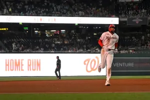 WASHINGTON, DISTRICT OF COLUMBIA - APRIL 22, 2026: James Wood #29 of the Washington Nationals circles the bases after hitting a solo home run during the sixth inning of a game against the Atlanta Braves at Nationals Park on April 22, 2026 in Washington, District of Columbia. The Braves beat the Nationals, 8-6. (Photo by Diamond Images via Getty Images)