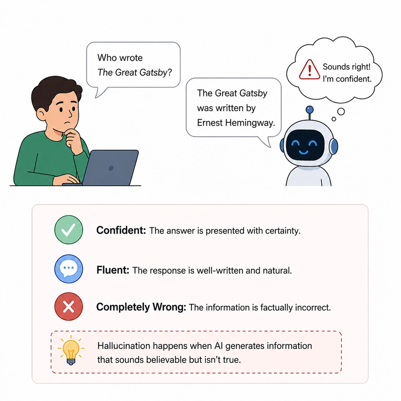 A user asks a question and the AI gives a confident but incorrect answer, illustrating how AI can sound right while being wrong