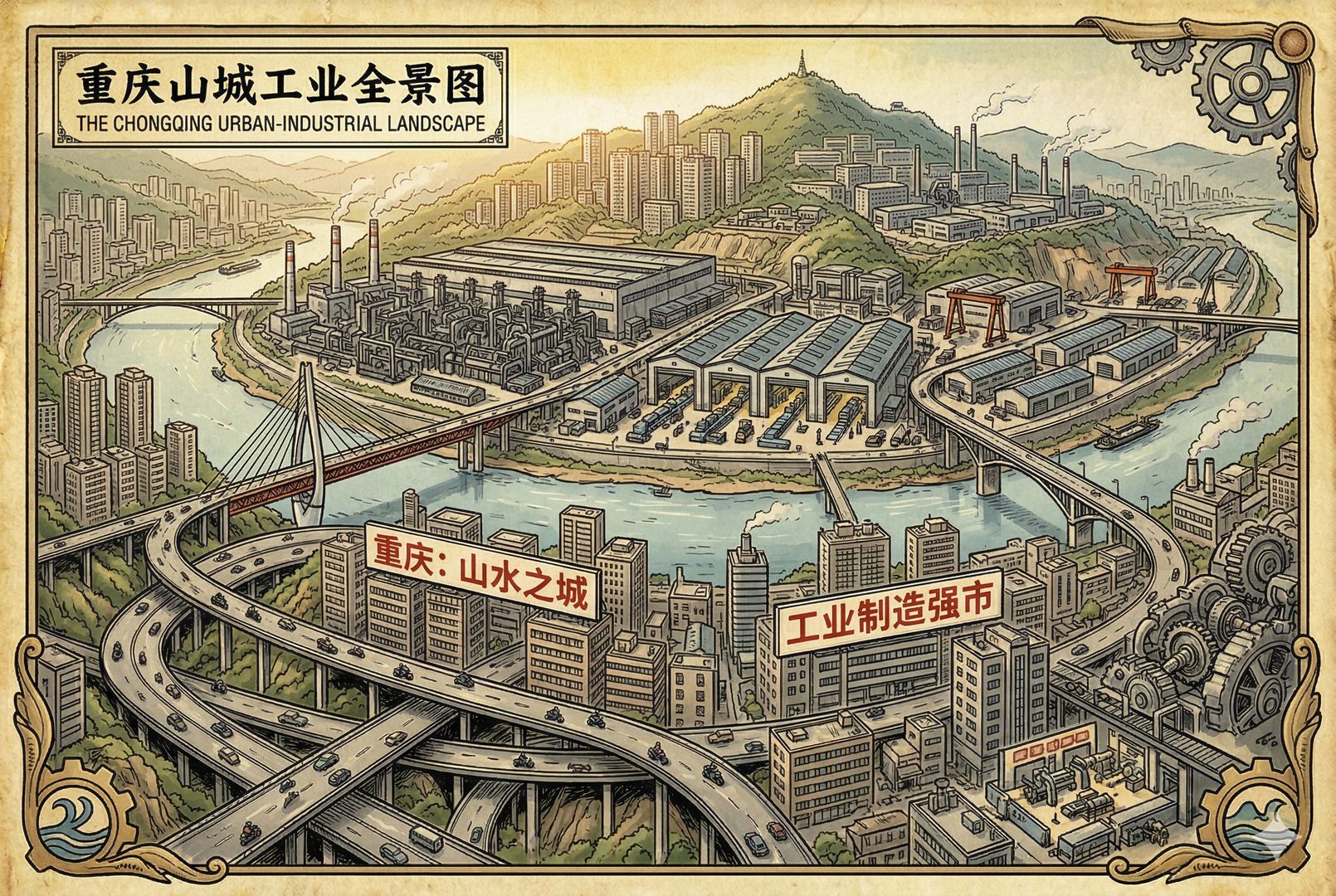 重庆山城与工业区结合的鸟瞰画面,层叠道路、江边桥梁、摩托车穿行街道,远处是密集厂房与装配车间,城市地形和制造业气质同时显现,羊皮纸,钢笔彩色手绘的统一风格。