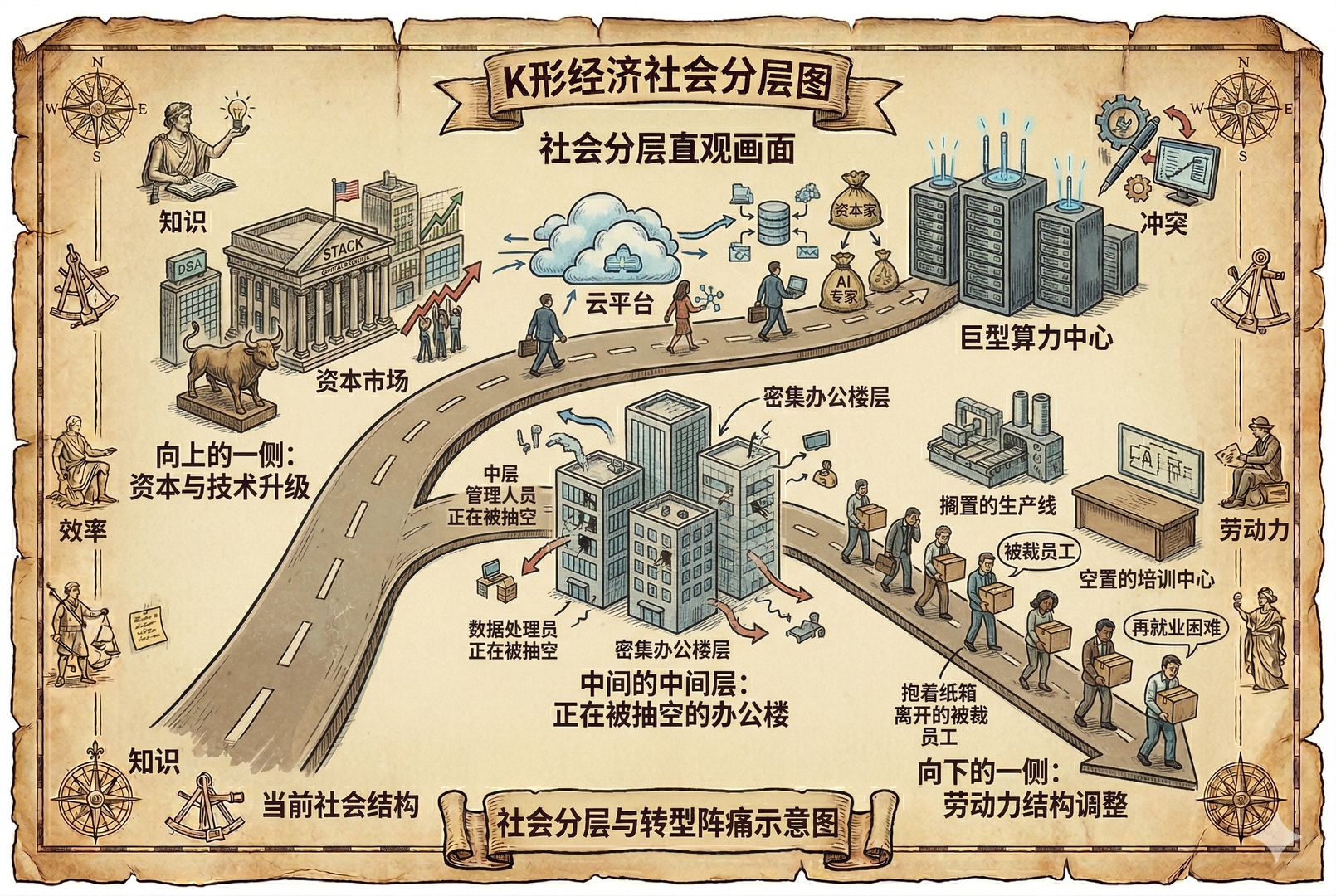 一幅明显分叉的K形道路,向上的一侧通往资本市场、云平台和巨型算力中心,向下的一侧是抱着纸箱离开的被裁员工,中间原本密集的办公楼层正在被抽空,构成社会分层的直观画面,羊皮纸,钢笔彩色手绘的统一风格。