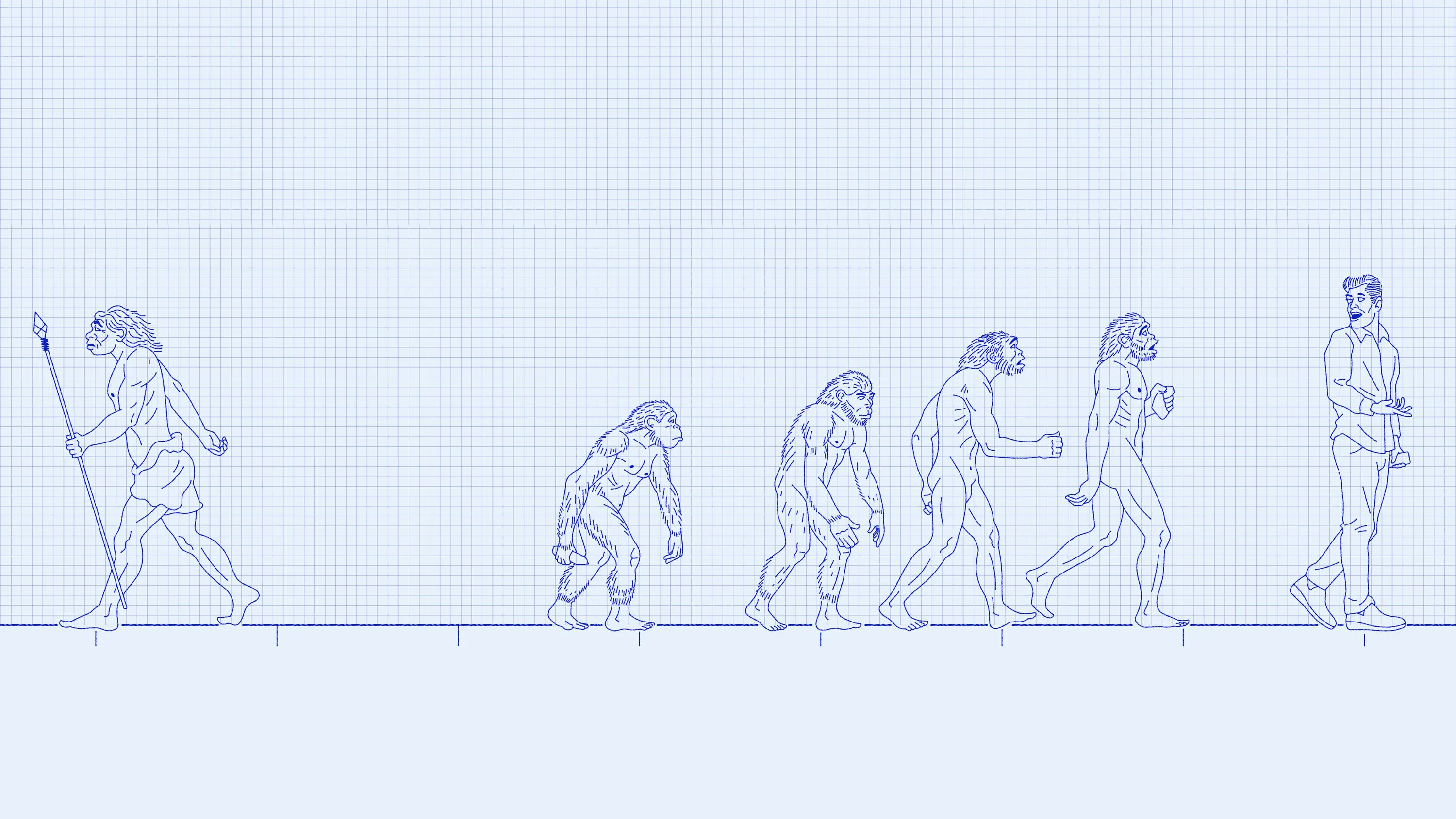 a Neaderthal exits to the left as the evolution of ape to modern man continues progressively to the right