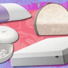 a purple harmony pillow, anker soundcore sleep A30 earbuds, hatch restore 3 alarm clock, and zinus mattress on a coral and purple colored background