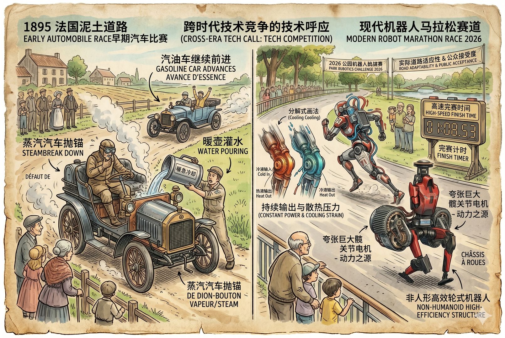 画面左右对照,左边是1895年法国泥土道路上的早期汽车比赛,蒸汽汽车抛锚、汽油车继续前进;右边是现代机器人马拉松赛道上多种技术路线竞逐,形成跨时代呼应,羊皮纸,钢笔彩色手绘的统一风格。
