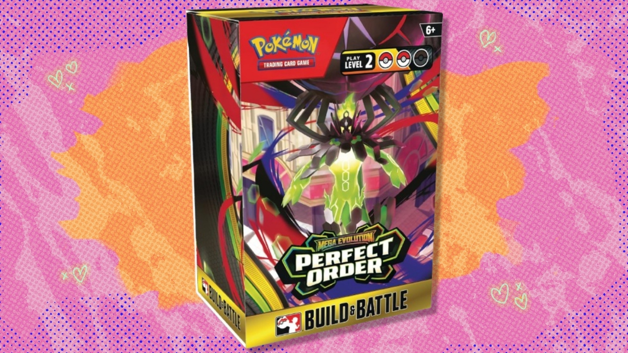 The Pokémon TCG: Mega Evolution—Perfect Order Build & Battle Box on an orange and red background
