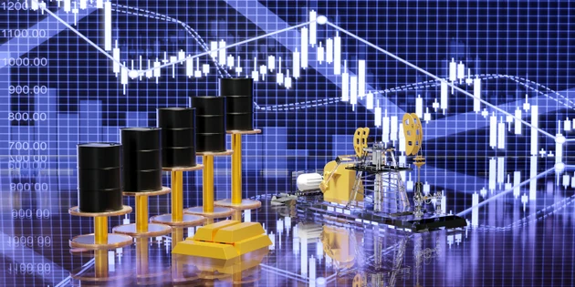 Oil barrels stacked on a chart, symbolizing rising oil prices and a potential boom in the energy market. 3d render.