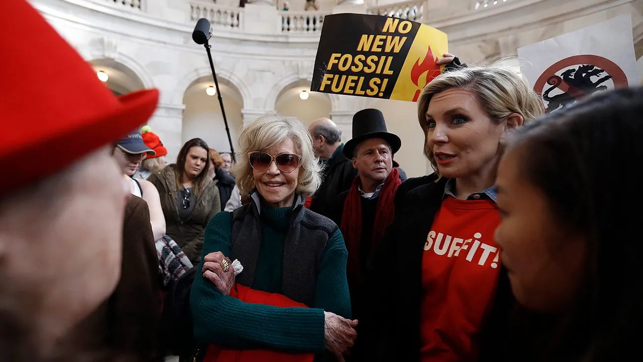 (L-R) Jane Fonda and June Diane Raphael demonstrate inside the Russell US Senate office building during Fire Drill Friday climate change protest on November 15, 2019 in Washington, DC.