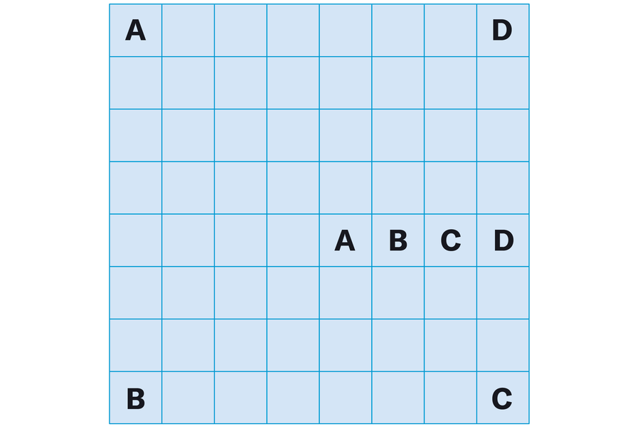 Diagram shows an eight-by-eight square grid with the letter A in the upper left corner, B in the lower left, D in the upper right, C in the lower right, and A, B, C and D in consecutive cells of the fifth row, from left to right, starting in the fifth column.