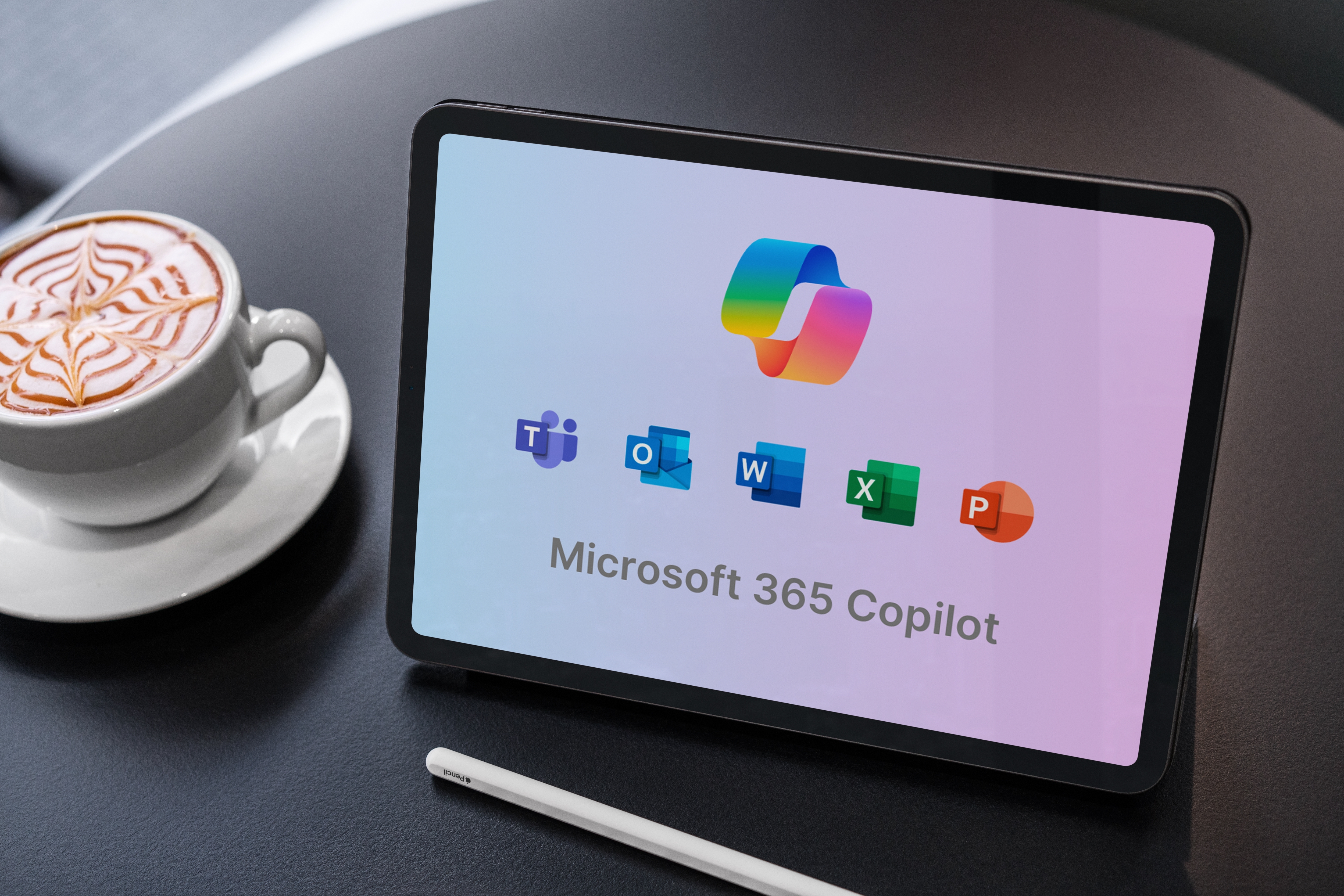 Microsoft 365 copilot logo displayed on a tablet screen, next to a coffee cup and digital pen, suggesting a modern workspace