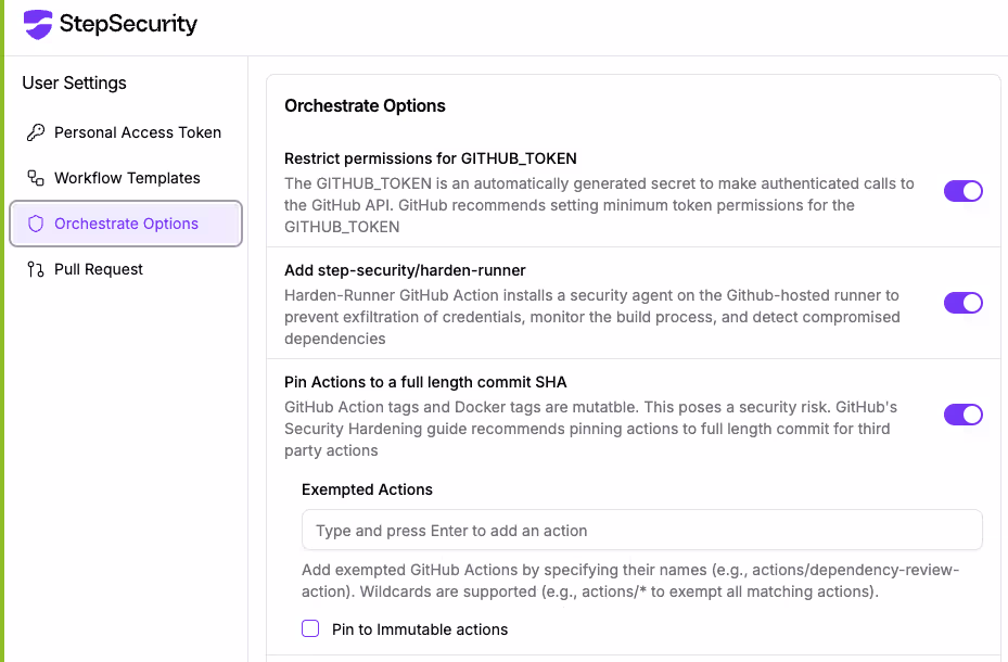 User settings to pin to immutable Actions and exclude Actions for pinning