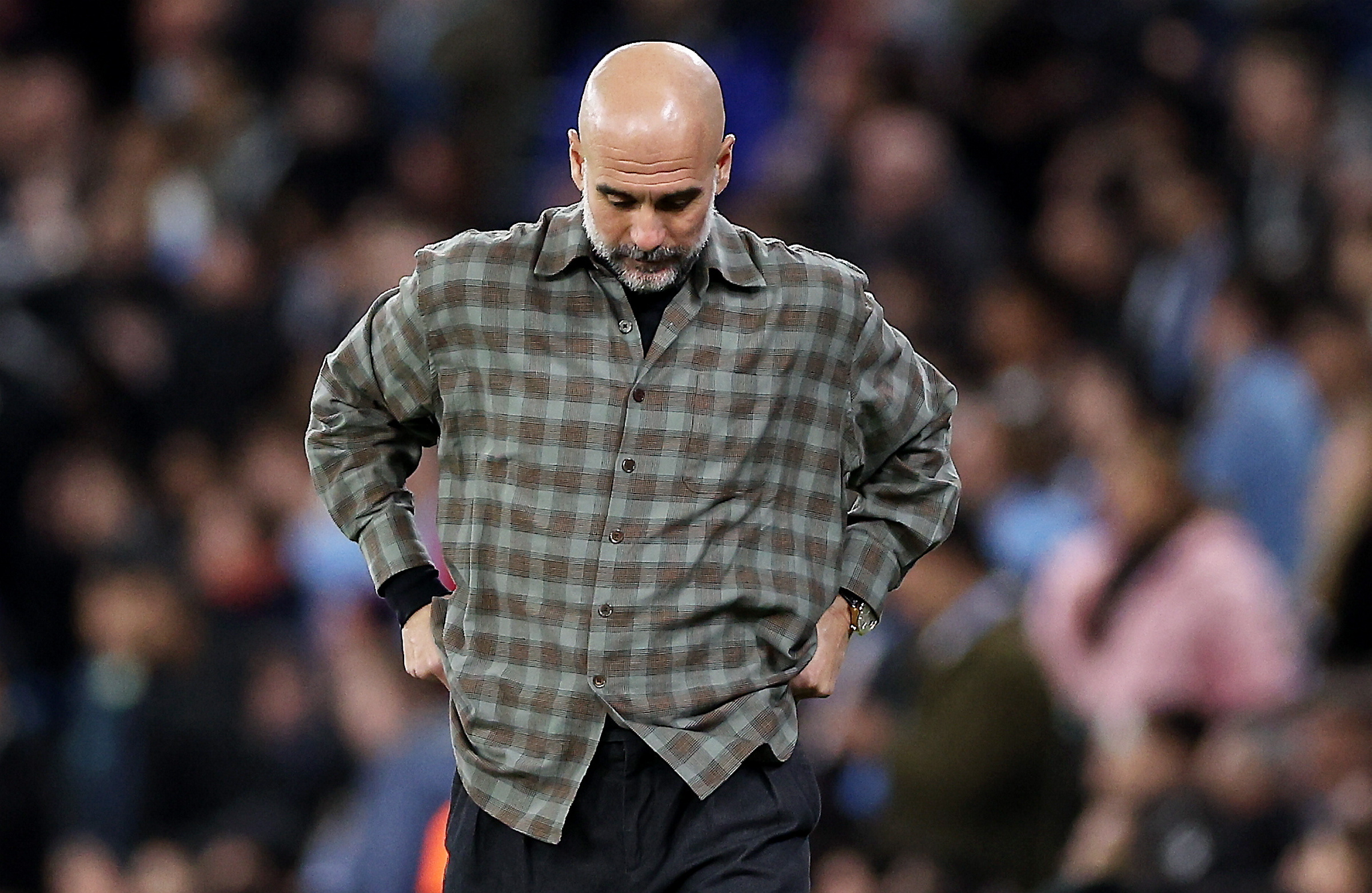 Guardiola, ante el Real Madrid, este martes.