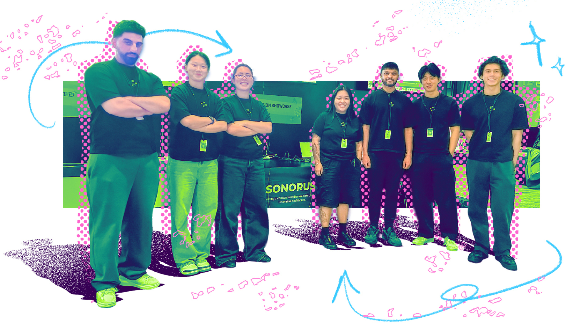 An illustrated photo composite of the Sonorus team at SXSW Sydney.