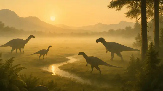 Paisaje del Mesozoico con siluetas de dinosaurios junto a un río bajo la luz del amanecer.