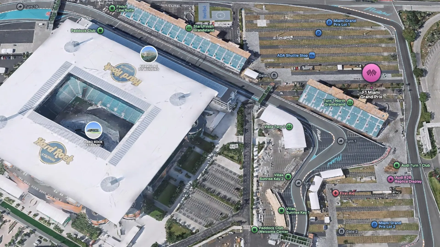 苹果地图 3D 化 F1 迈阿密站:精细还原赛道地标、集成丰富导航信息