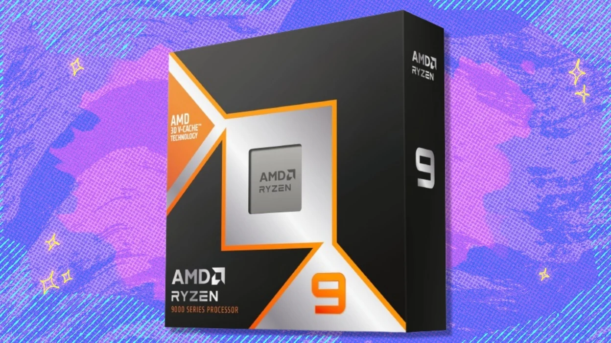 The AMD Ryzen 9 (9950X3D) 16-Core Processor on a purple and blue background