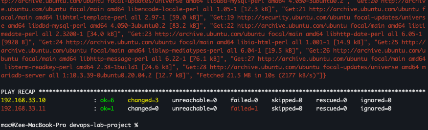 terminal screenshot of A green ok or yellow changed next to each task means it worked. Red fatal means something failed.
