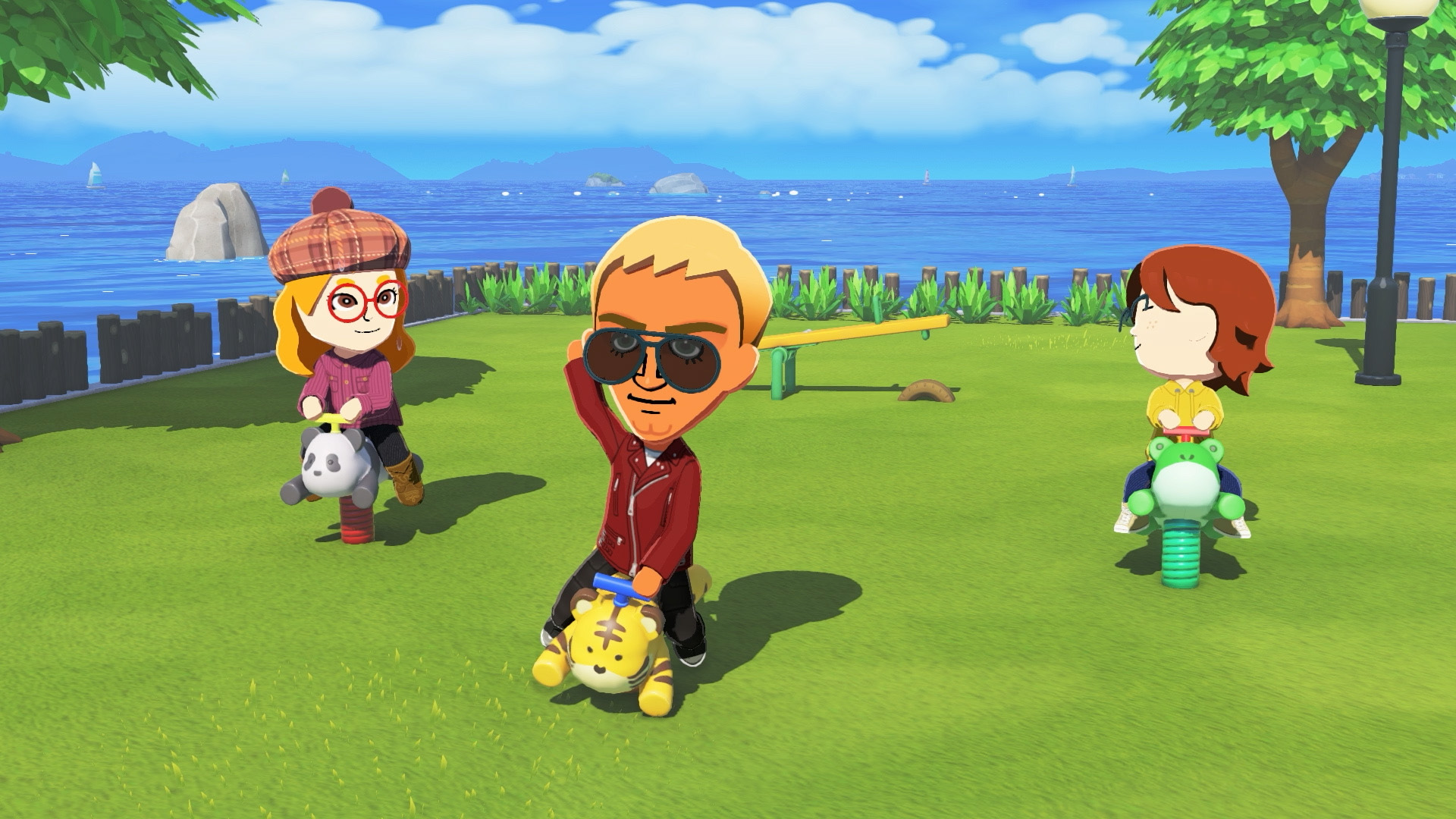 Three stylized characters on animal-themed spring riders in a colorful park with a seaside background in a video game.