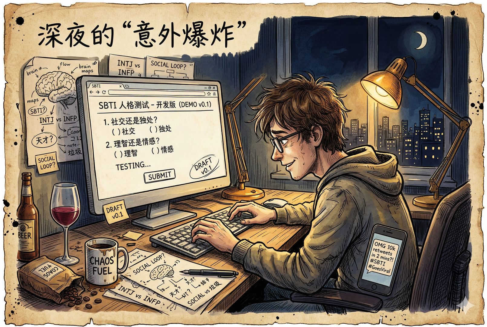 一位年轻创作者深夜坐在电脑前赶工网页原型,桌上有草稿纸、酒杯和一盏台灯,屏幕上是尚未完善的测试页面,窗外夜色很深,带着“一两晚做出来却突然爆火”的感觉,羊皮纸,钢笔彩色手绘的统一风格。