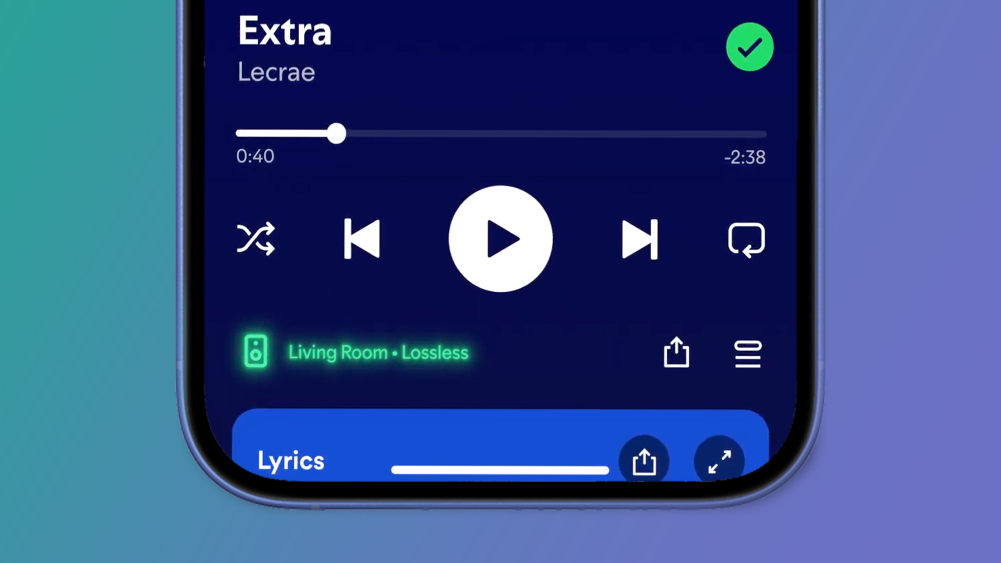 A phone on a green and purple background showing the Spotify Lossless mode