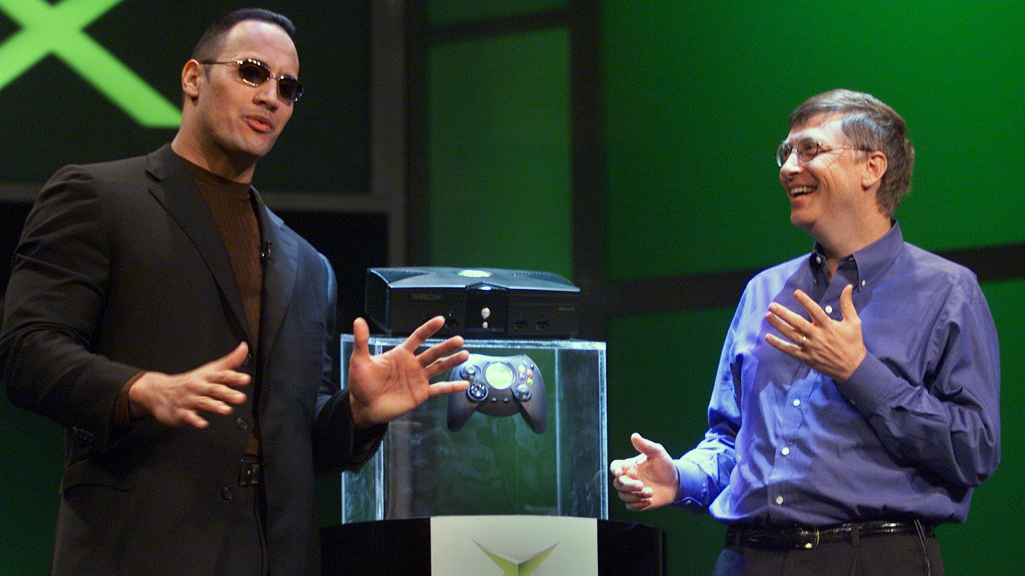 Bill Gates and the Rock at the original Xbox announcement event.