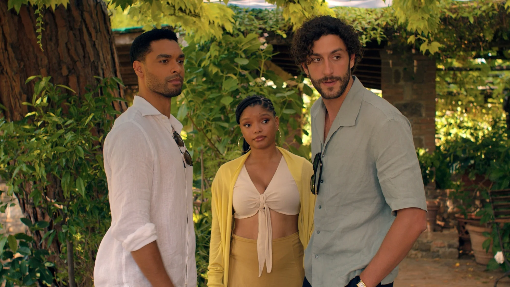 Regé-Jean Page, Halle Bailey, and Lorenzo de Moor in "You, Me & Tuscany."