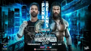 WWE WrestleMania 42 Sunday promotional poster featuring Roman Reigns and CM Punk for Saturday, April 19.