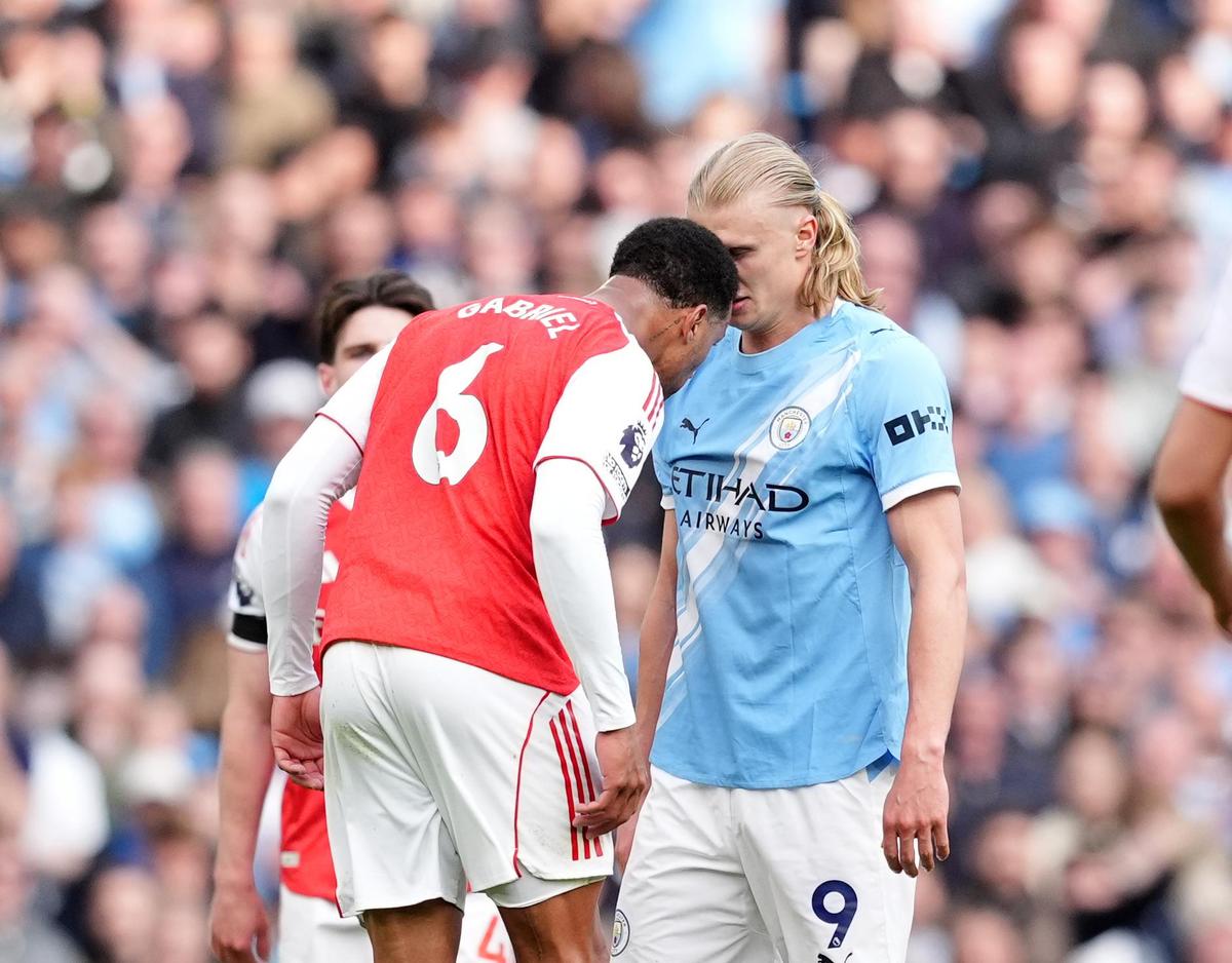 In the heart of the storm was Haaland, back scoring in the league for the first time in two months and locked in a ferocious duel with Arsenal defenders William Saliba and Gabriel. In the heart of the storm was Haaland, back scoring in the league for the first time in two months and locked in a ferocious duel with Arsenal defenders William Saliba and Gabriel.