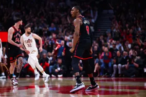 TORONTO, CANADA - APRIL 23: RJ Barrett #9 of the Toronto Raptors reacts scoring during the first half of Game Three of the Eastern Conference First Round NBA Playoffs against the Cleveland Cavaliers at Scotiabank Arena on April 23, 2026 in Toronto, Ontario, Canada. NOTE TO USER: User expressly acknowledges and agrees that, by downloading and or using this photograph, User is consenting to the terms and conditions of the Getty Images License Agreement. (Photo by Cole Burston/Getty Images)