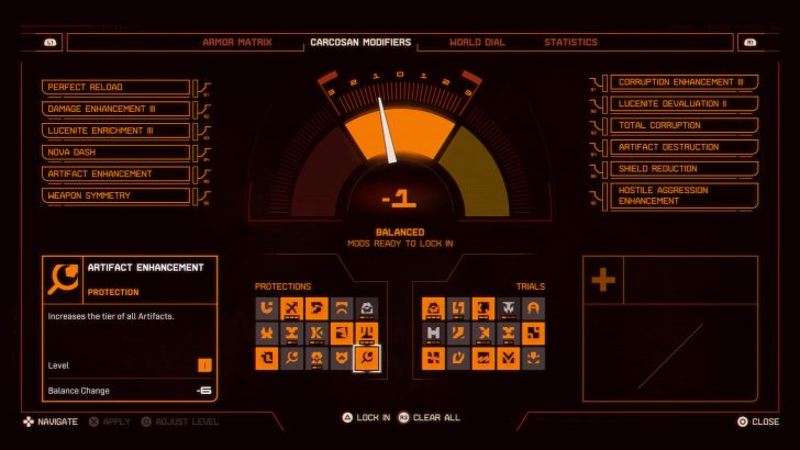 A game interface displaying 'Carcosan Modifiers' with a central gauge showing '-1' and options for artifact enhancement and weapon symmetry.