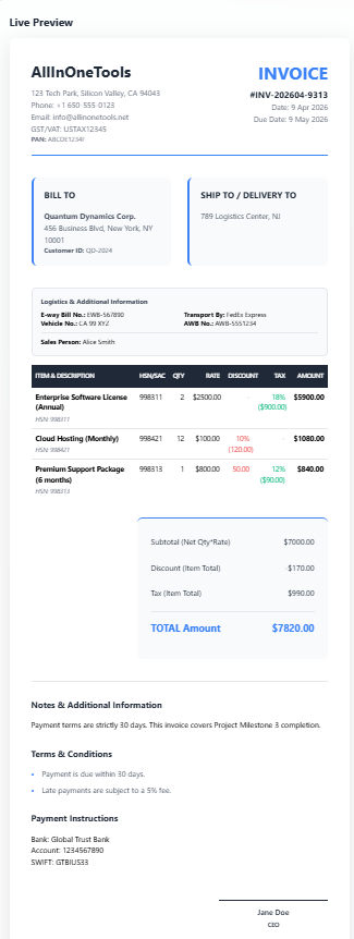 Live invoice preview displaying company details, customer info, item table, totals, and final invoice layout