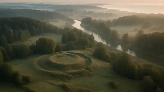 Relieve tenue de un asentamiento medieval oculto entre bosque y pradera en el norte de Polonia.