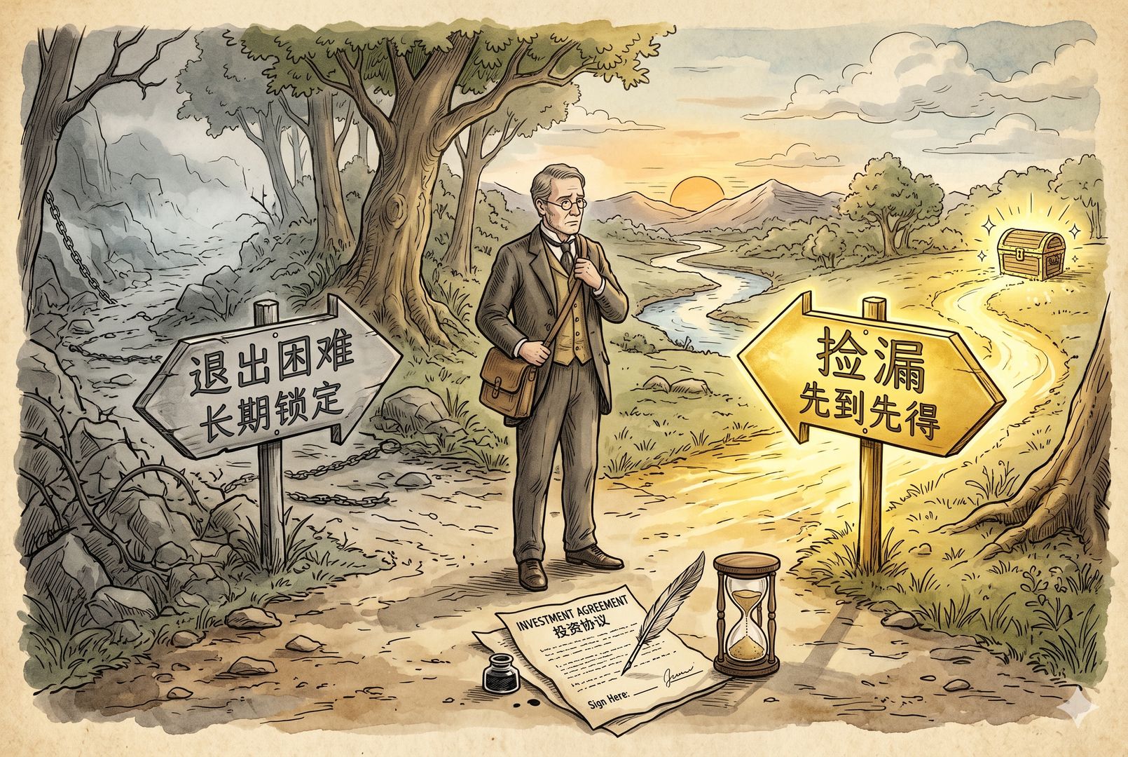 一名基金经理站在岔路口,一边是写着“捡漏”“先到先得”的金色箭头,另一边是写着“退出困难”“长期锁定”的灰色箭头,脚边放着未签字的投资协议和沙漏,羊皮纸,钢笔彩色手绘的统一风格。